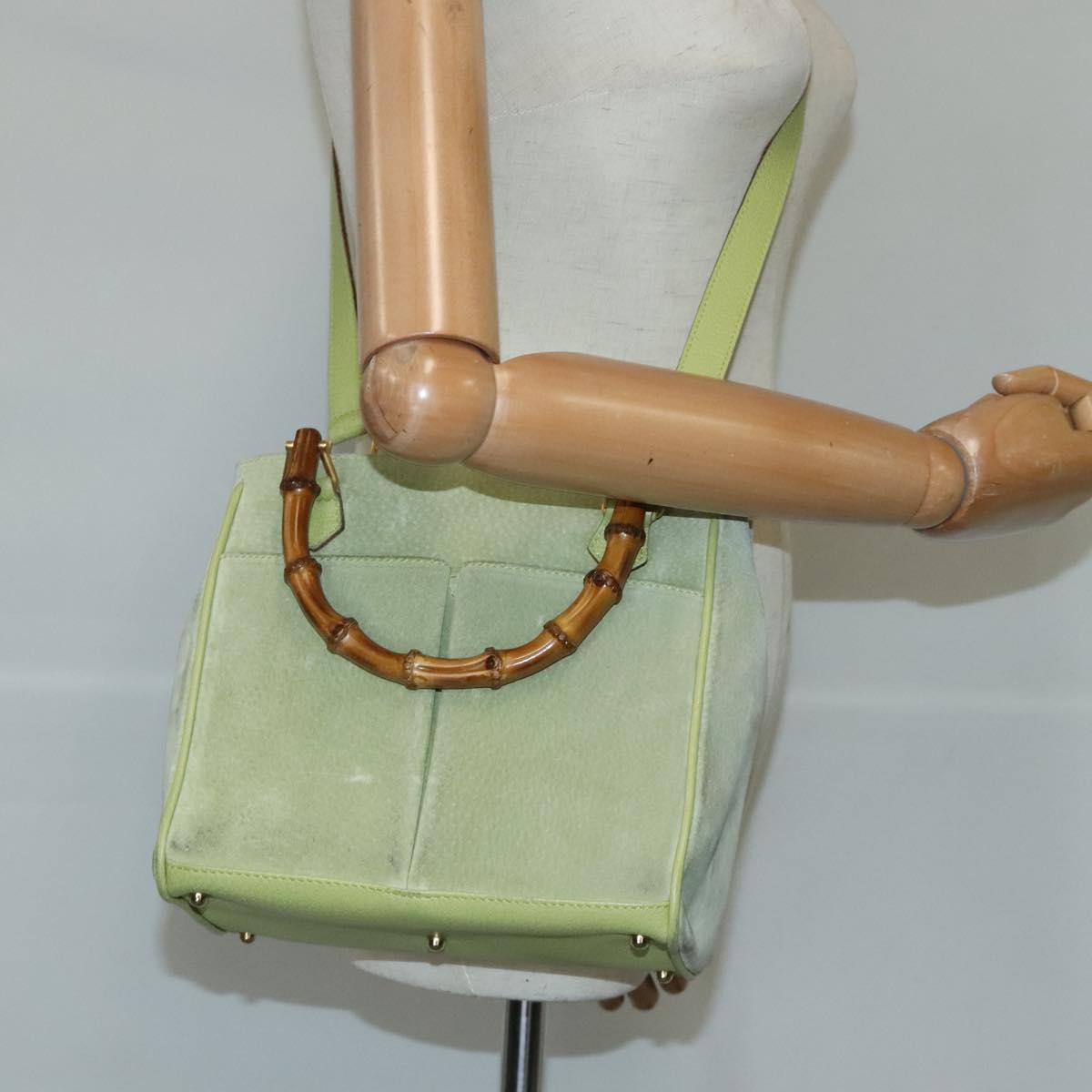 GUCCI Bamboo Hand Bag Suede 2way Gold Light green 000 122 0316 Auth 98469