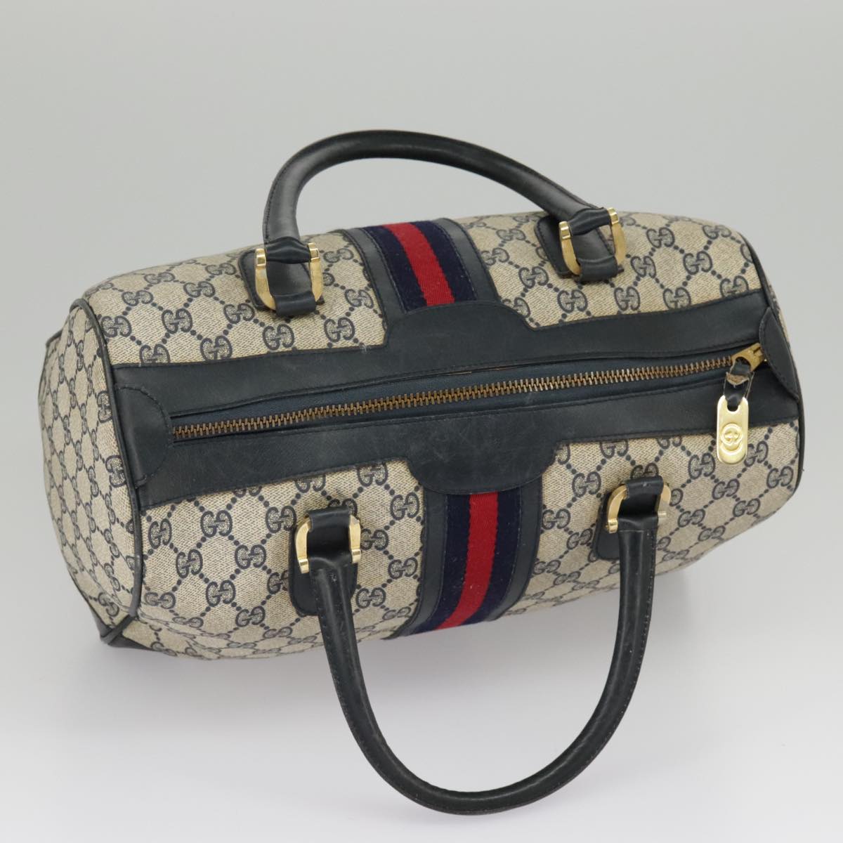 GUCCI GG Supreme Sherry Line Hand Bag PVC Navy Gold Red Auth 98485