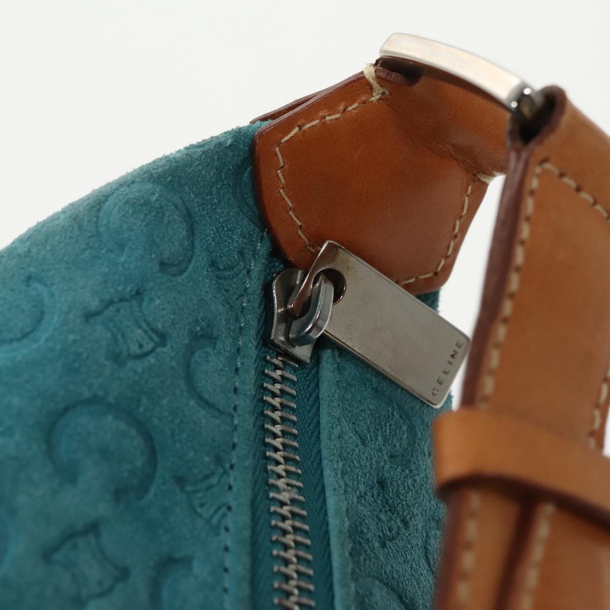 CELINE C Macadam Canvas Shoulder Bag Suede Turquoise Blue Silver Auth 98519