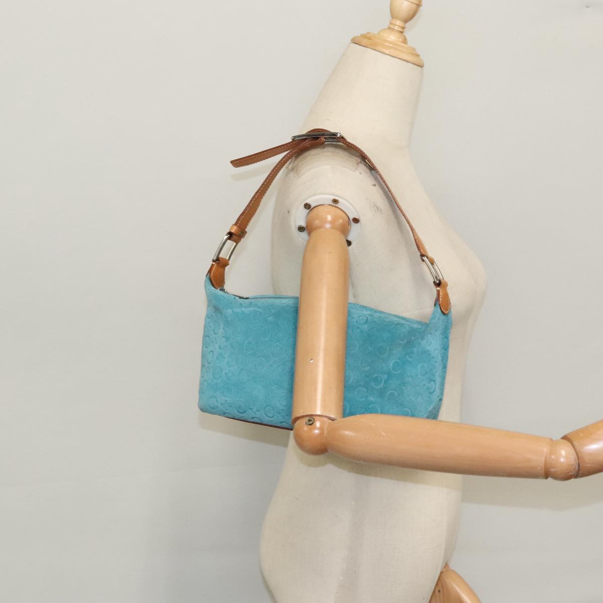 CELINE C Macadam Canvas Shoulder Bag Suede Turquoise Blue Silver Auth 98519