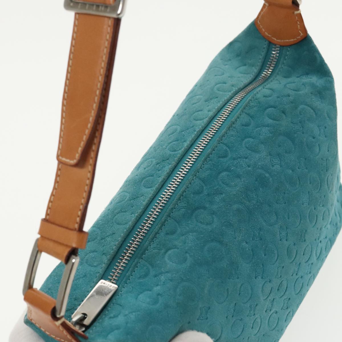 CELINE C Macadam Canvas Shoulder Bag Suede Turquoise Blue Silver Auth 98519