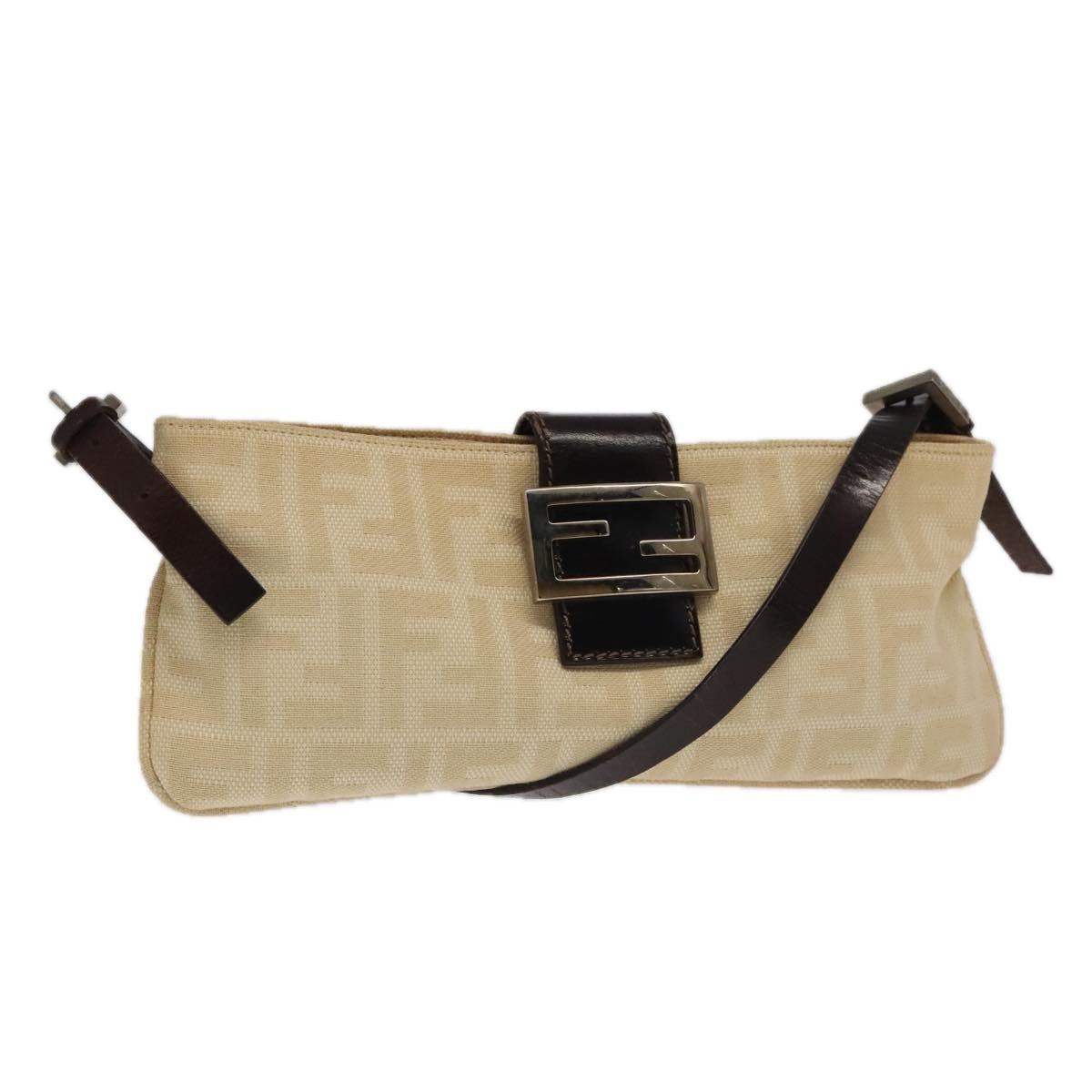 FENDI Zucca Canvas Mamma Baguette Shoulder Bag Beige Silver Auth 98522