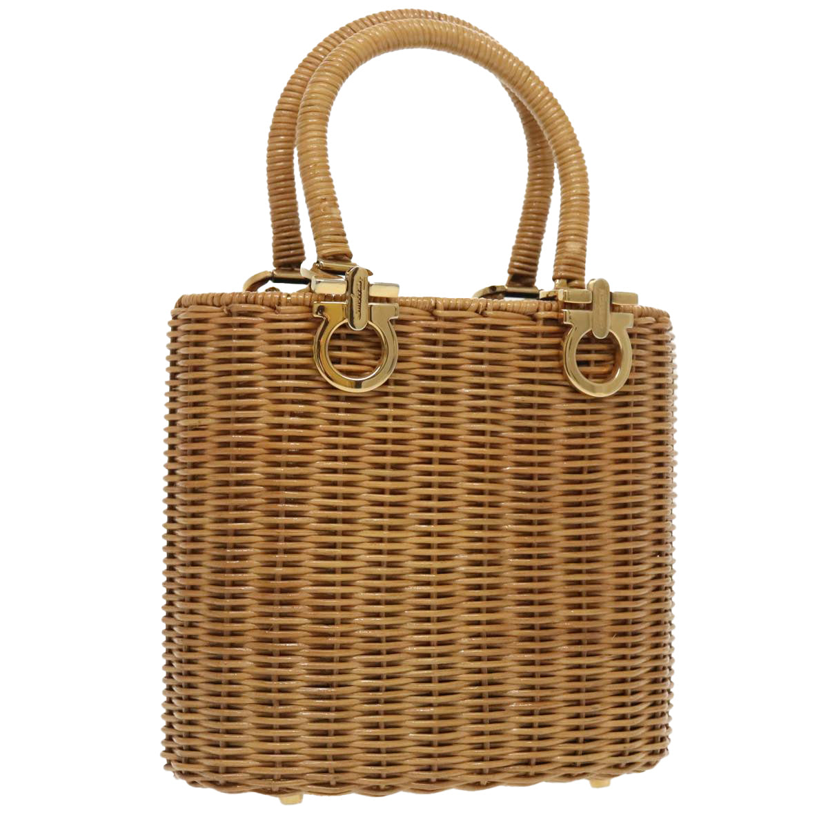 Salvatore Ferragamo Gancini Hand Bag Wicker Beige Gold Auth 98528A