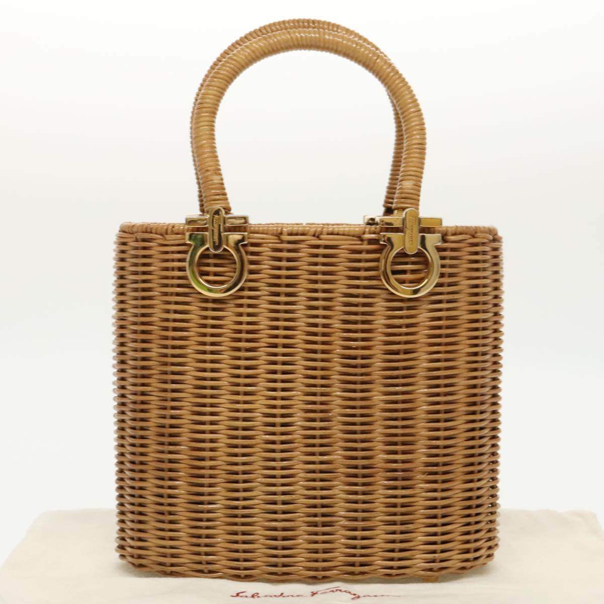 Salvatore Ferragamo Gancini Hand Bag Wicker Beige Gold Auth 98528A