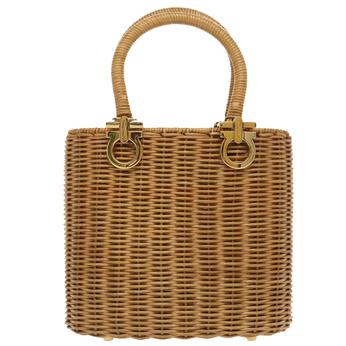 Salvatore Ferragamo Gancini Hand Bag Wicker Beige Gold Auth 98528A