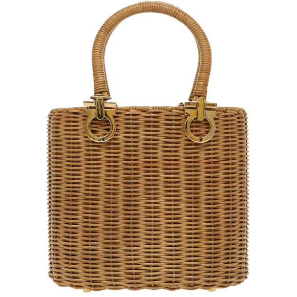 Salvatore Ferragamo Gancini Hand Bag Wicker Beige Gold Auth 98528AM
