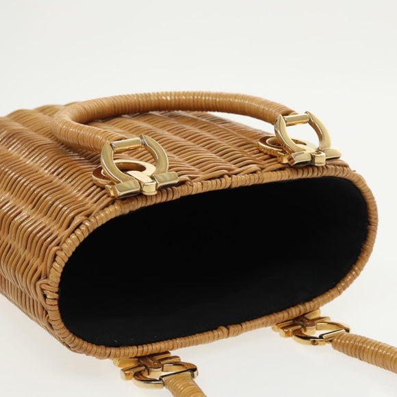 Salvatore Ferragamo Gancini Hand Bag Wicker Beige Gold Auth 98528AM