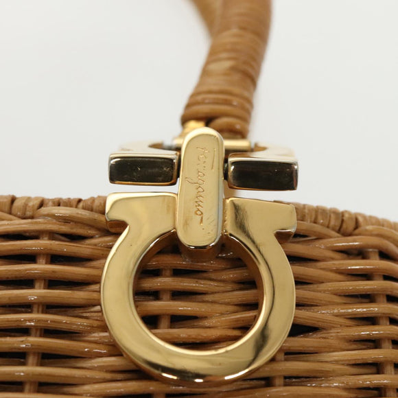 Salvatore Ferragamo Gancini Hand Bag Wicker Beige Gold Auth 98528AM