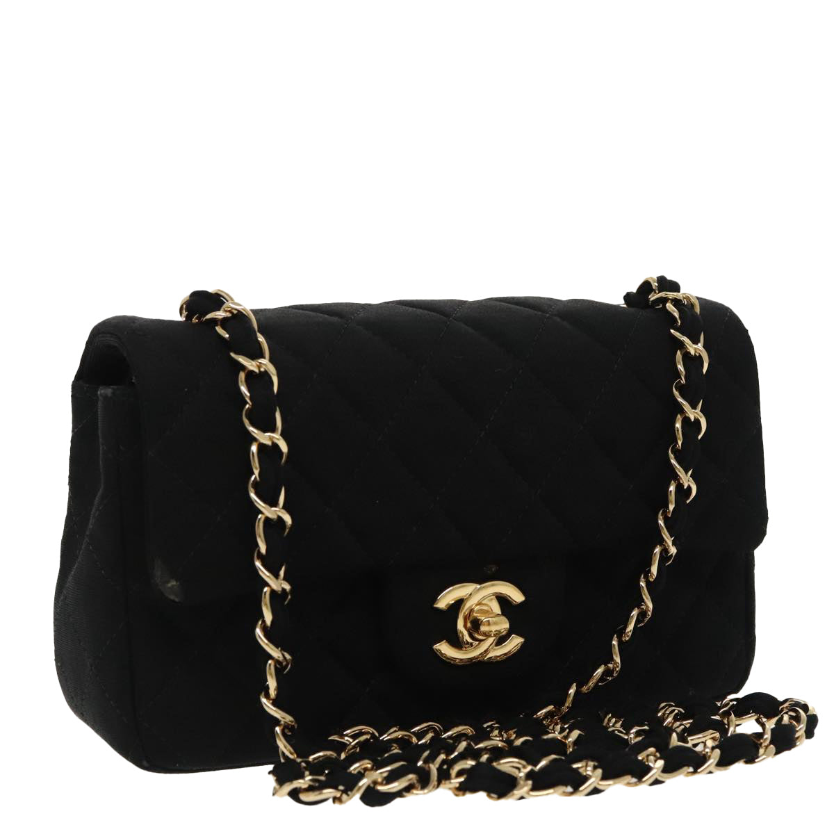 CHANEL Matelasse Chain Shoulder Bag Cotton Black Gold CC Auth 98531