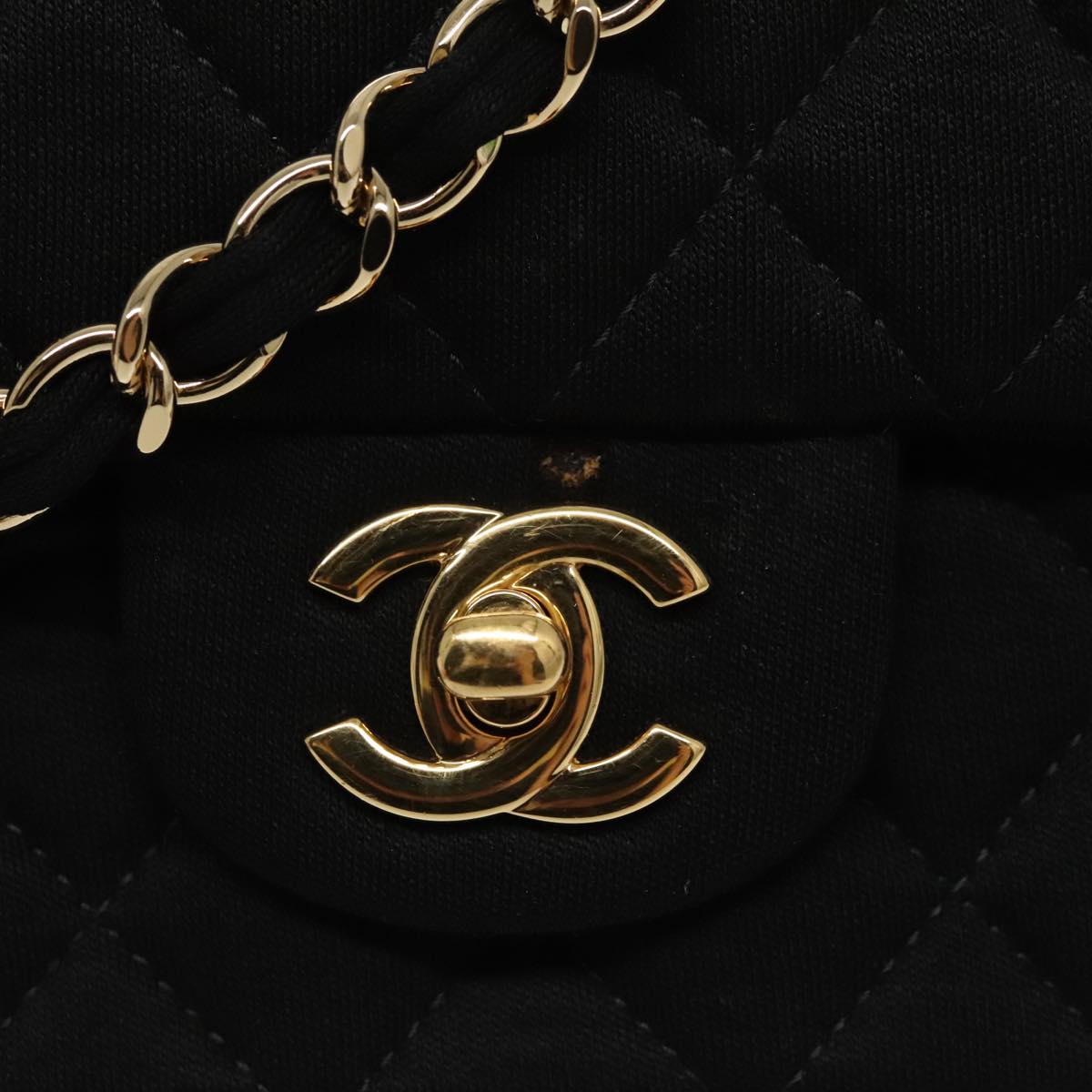 CHANEL Matelasse Chain Shoulder Bag Cotton Black Gold CC Auth 98531