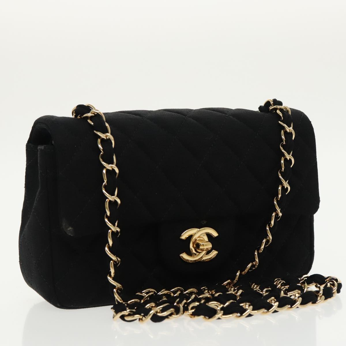 CHANEL Matelasse Chain Shoulder Bag Cotton Black Gold CC Auth 98531