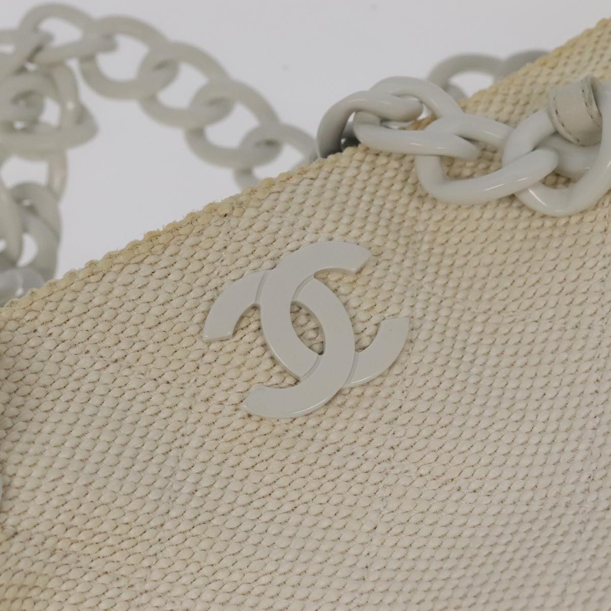 CHANEL Chain Tote Bag Straw Canvas White CC Auth 98533