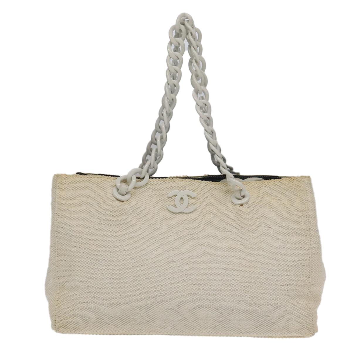 CHANEL Chain Tote Bag Straw Canvas White CC Auth 98533