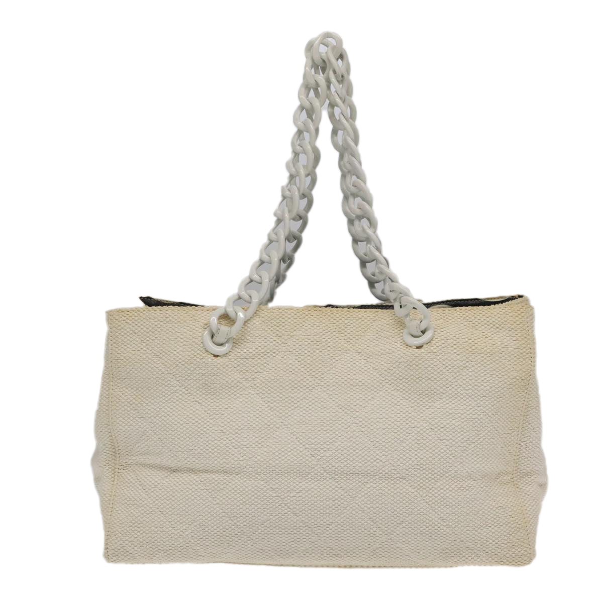 CHANEL Chain Tote Bag Straw Canvas White CC Auth 98533 - 0