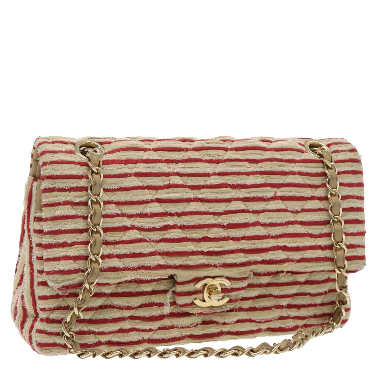 CHANEL Matelasse Chain Border Shoulder Bag Canvas Red Gold beige CC Auth 98535