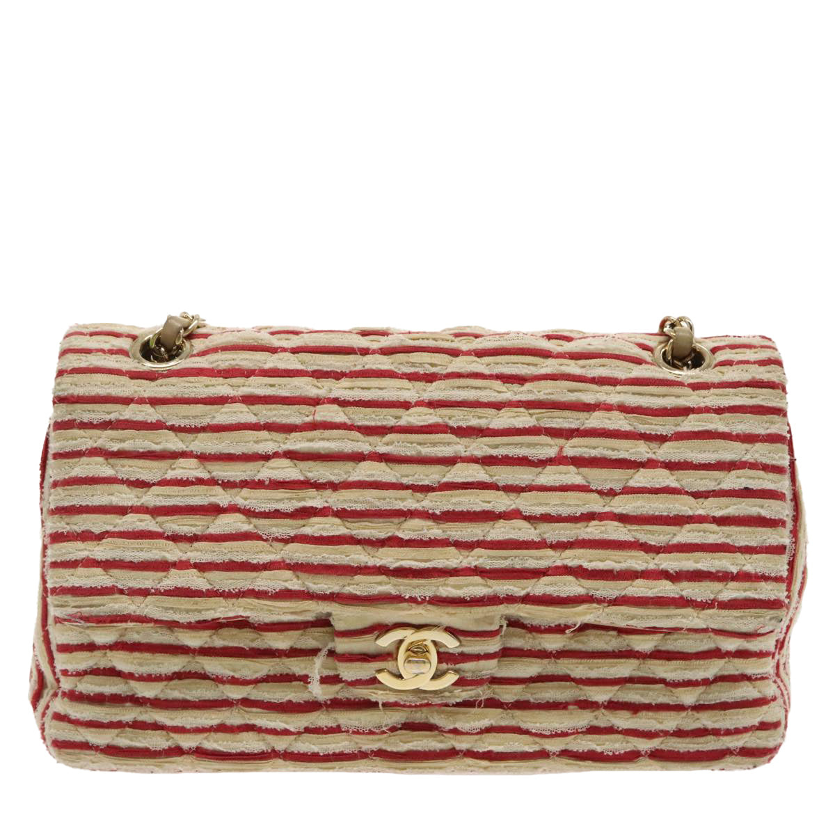 CHANEL Matelasse Chain Border Shoulder Bag Canvas Red Gold beige CC Auth 98535 - 0