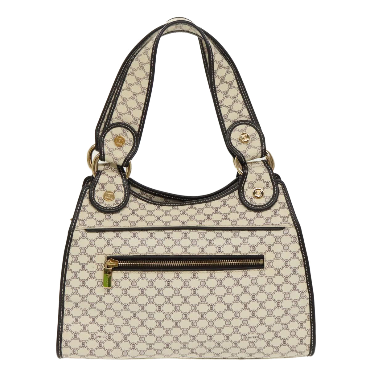 CELINE Macadam Canvas Hand Bag PVC White Gold Auth 98542