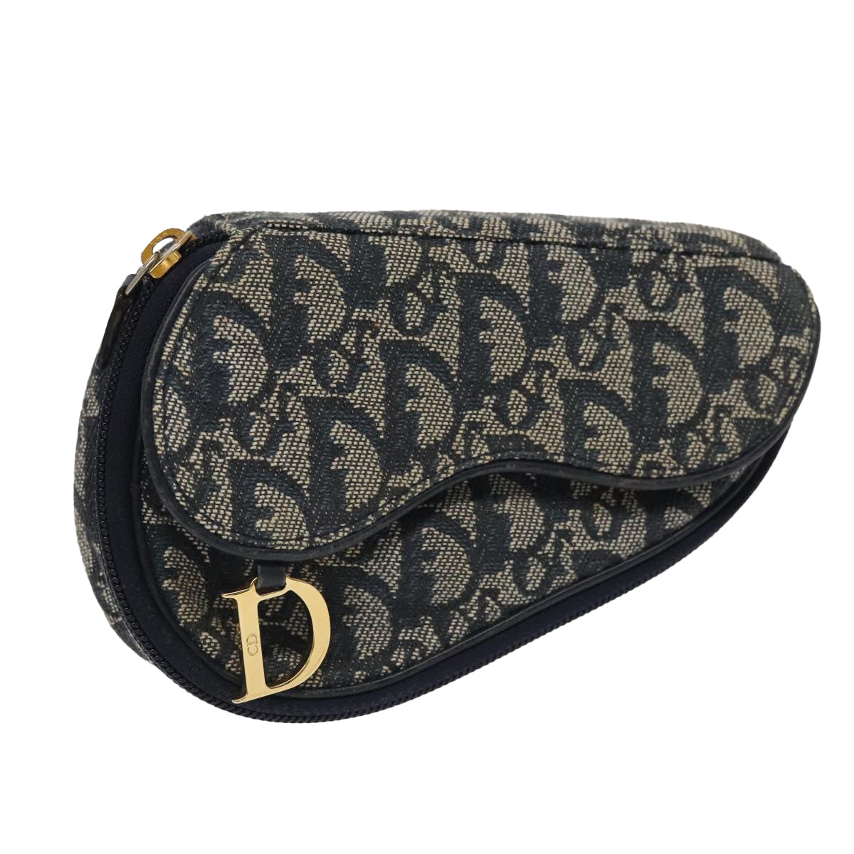 Christian Dior Trotter Canvas Saddle Pouch Navy Gold Auth 98543