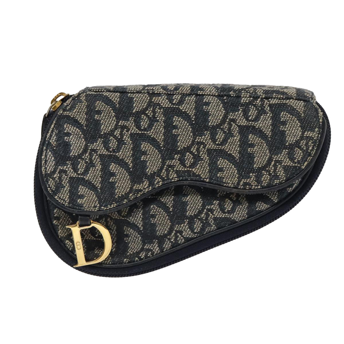 Christian Dior Trotter Canvas Saddle Pouch Navy Gold Auth 98543