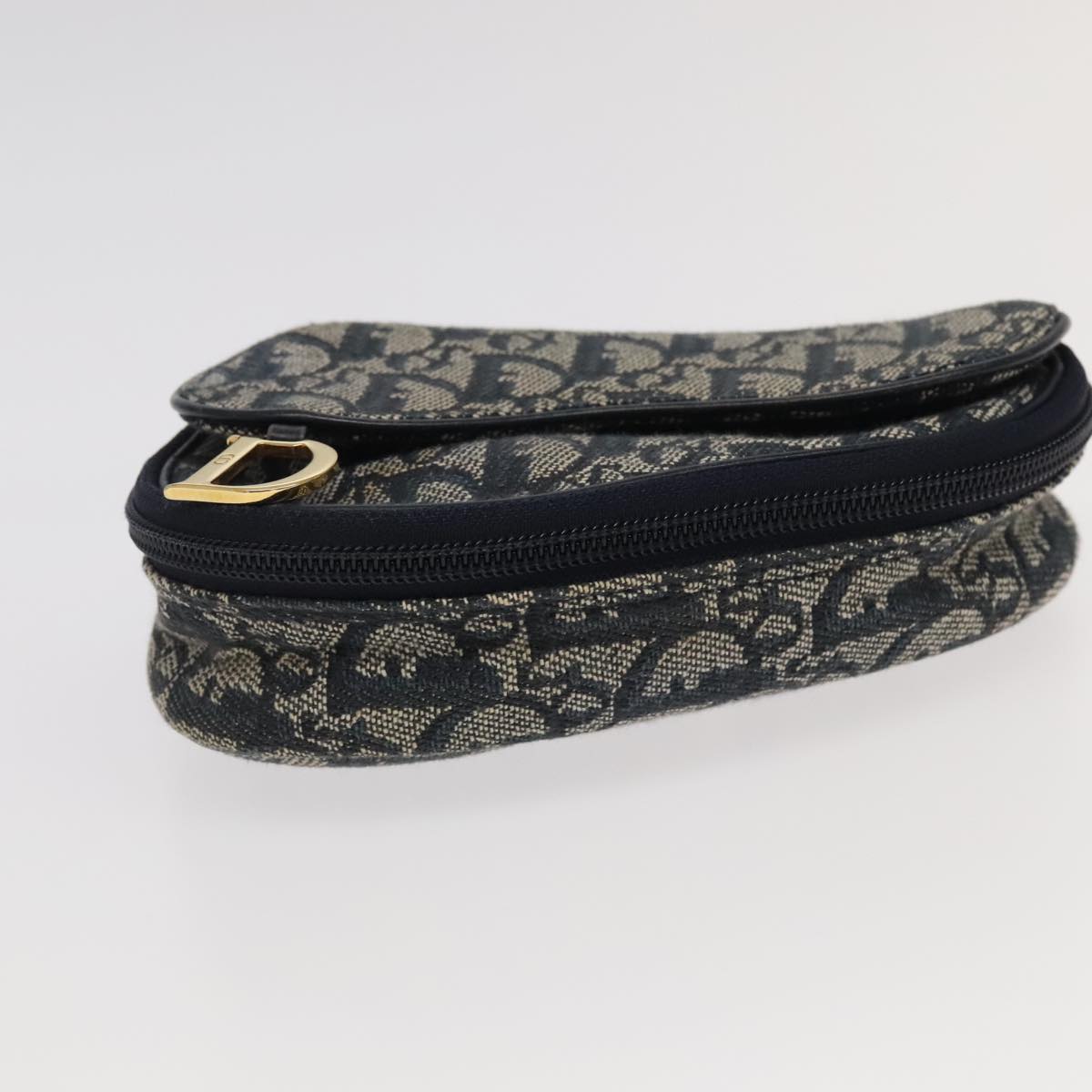 Christian Dior Trotter Canvas Saddle Pouch Navy Gold Auth 98543