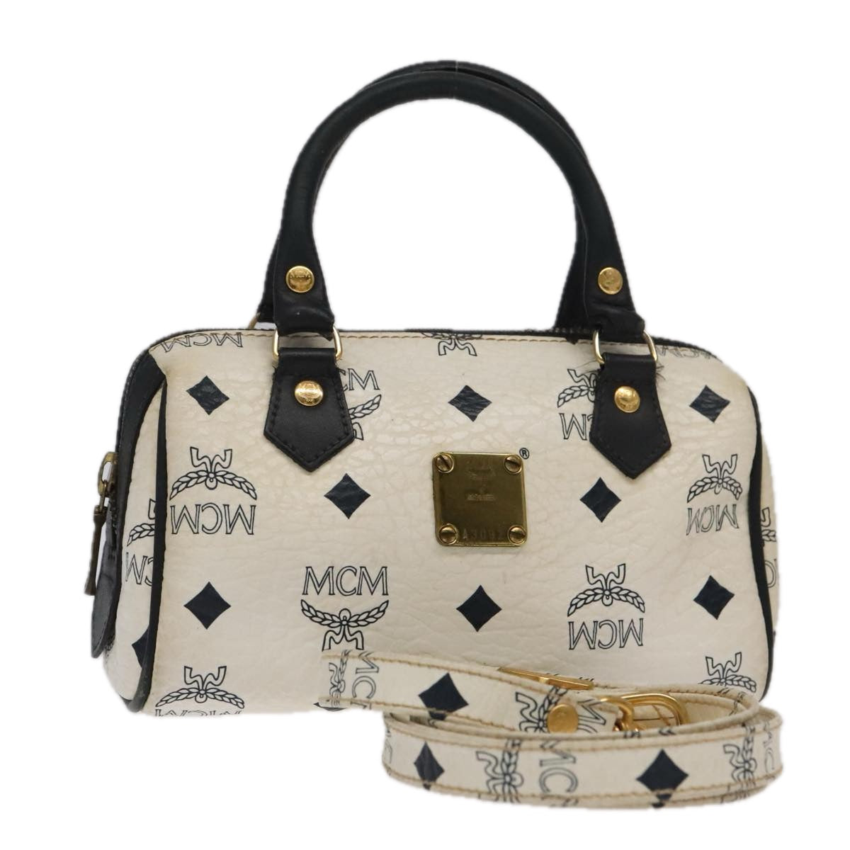 MCM Vicetos Logogram Hand Bag PVC Leather 2way White Gold Auth 98566