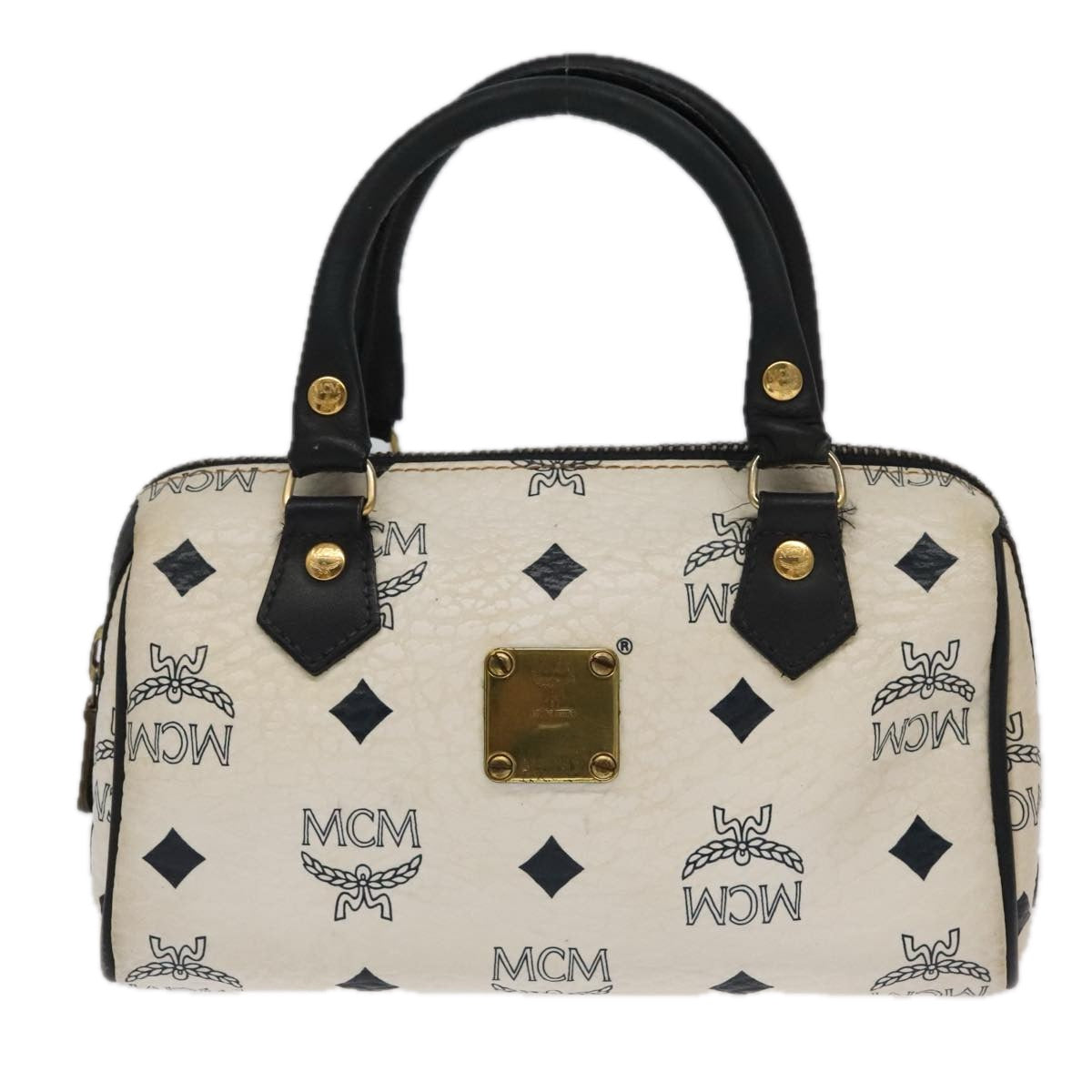 MCM Vicetos Logogram Hand Bag PVC Leather 2way White Gold Auth 98566 - 0