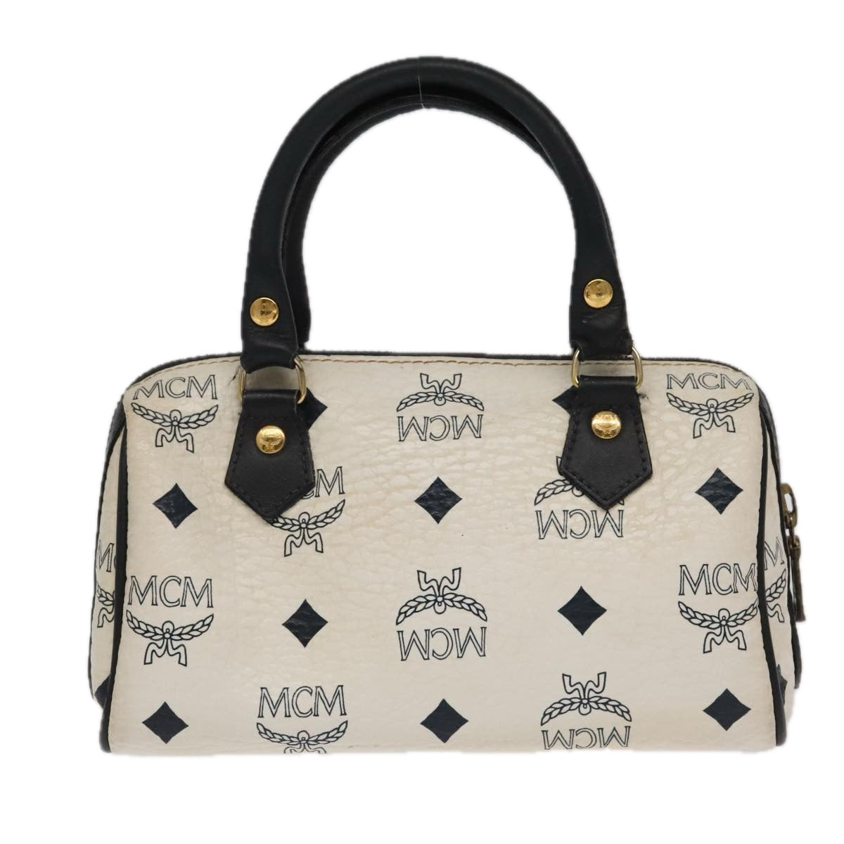 MCM Vicetos Logogram Hand Bag PVC Leather 2way White Gold Auth 98566