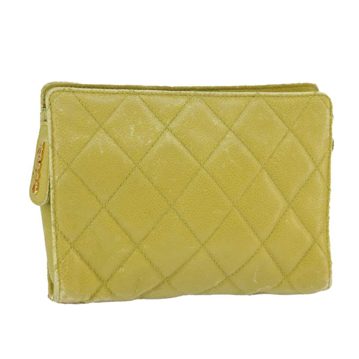 CHANEL Matelasse Waist bag Caviar Skin Gold Light green CC Auth 98580