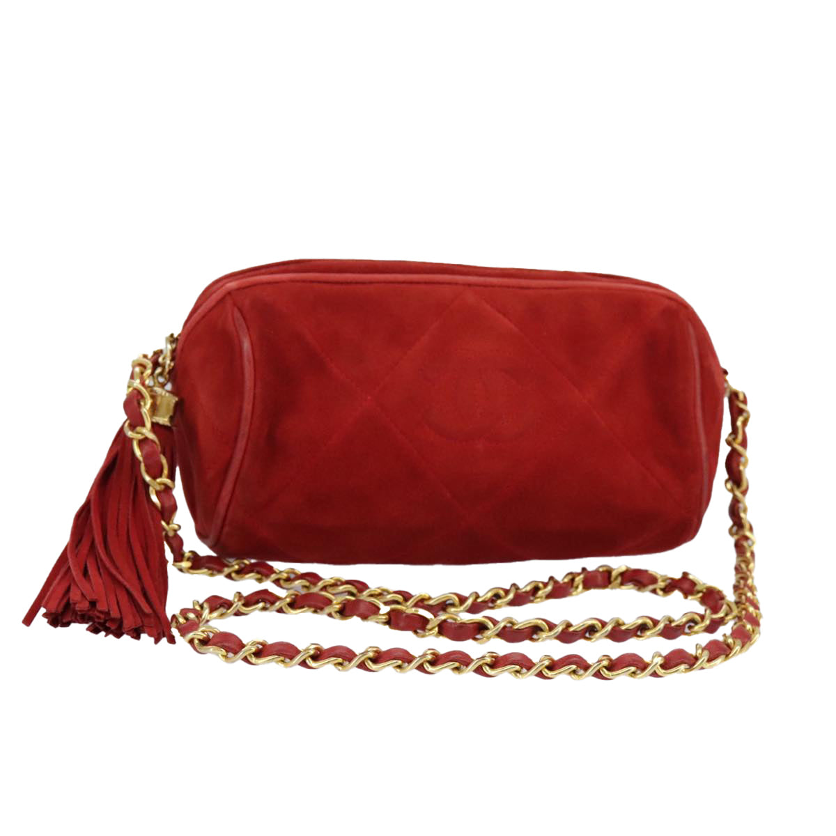 CHANEL Chain Shoulder Bag Suede Red Gold CC Auth 98607