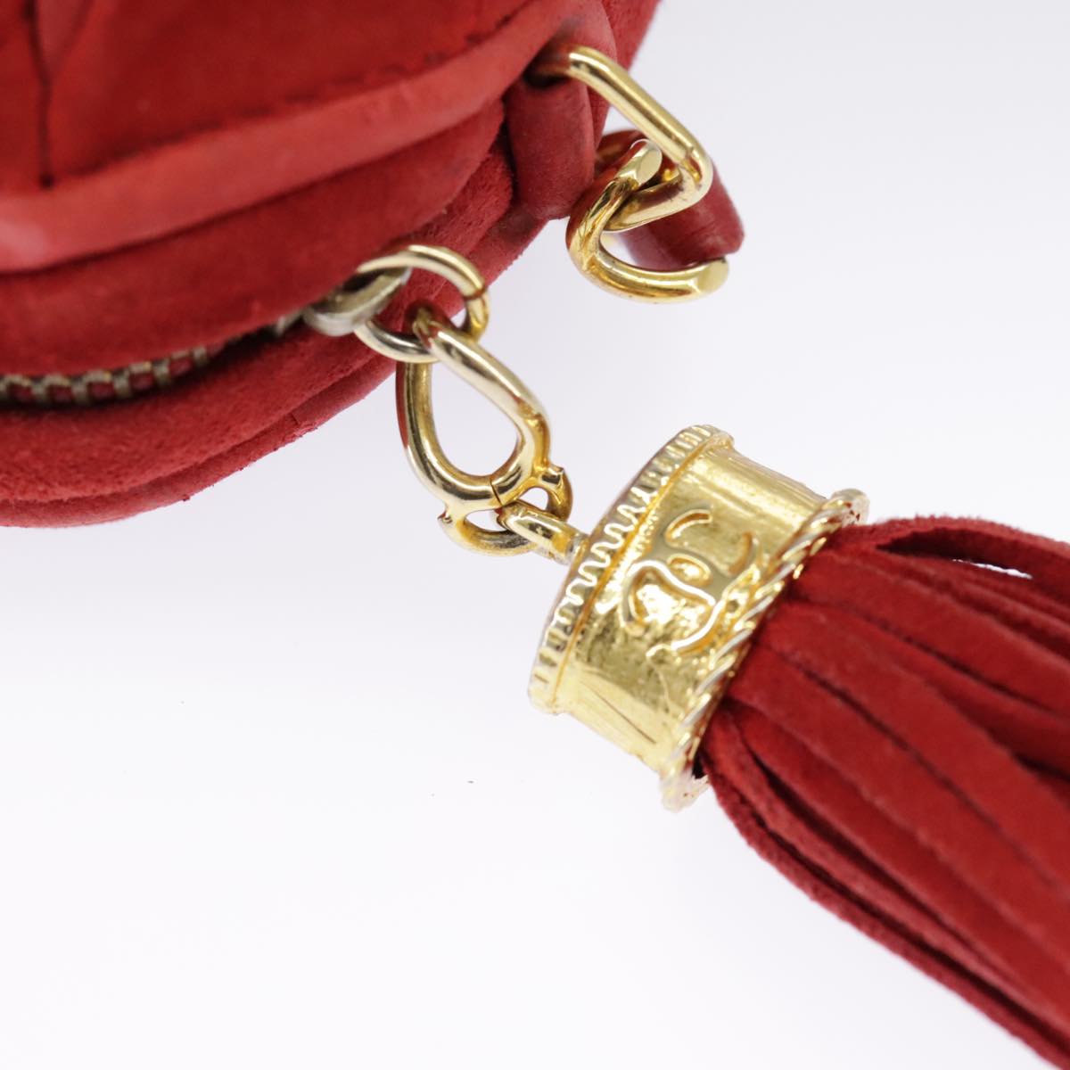 CHANEL Chain Shoulder Bag Suede Red Gold CC Auth 98607