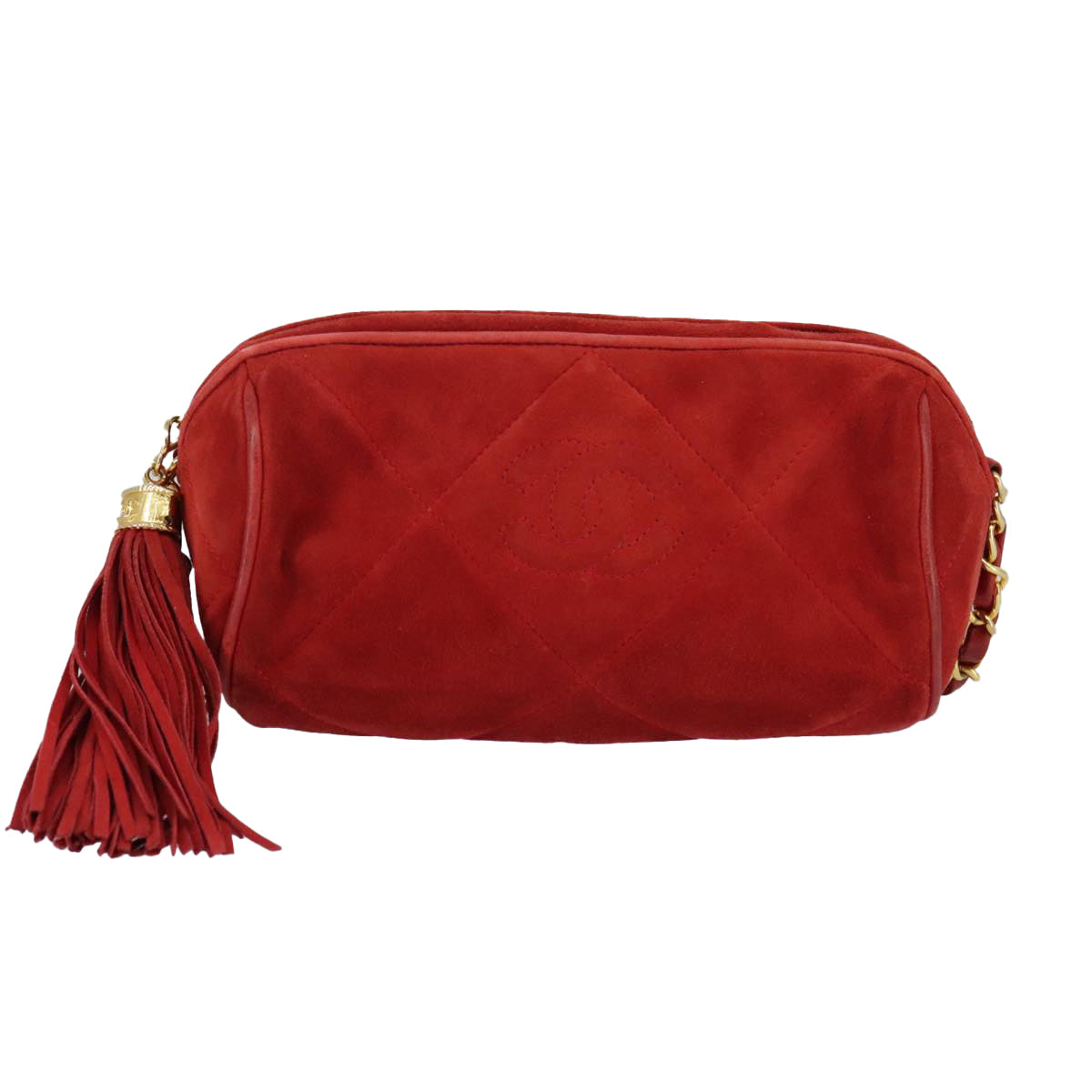 CHANEL Chain Shoulder Bag Suede Red Gold CC Auth 98607 - 0