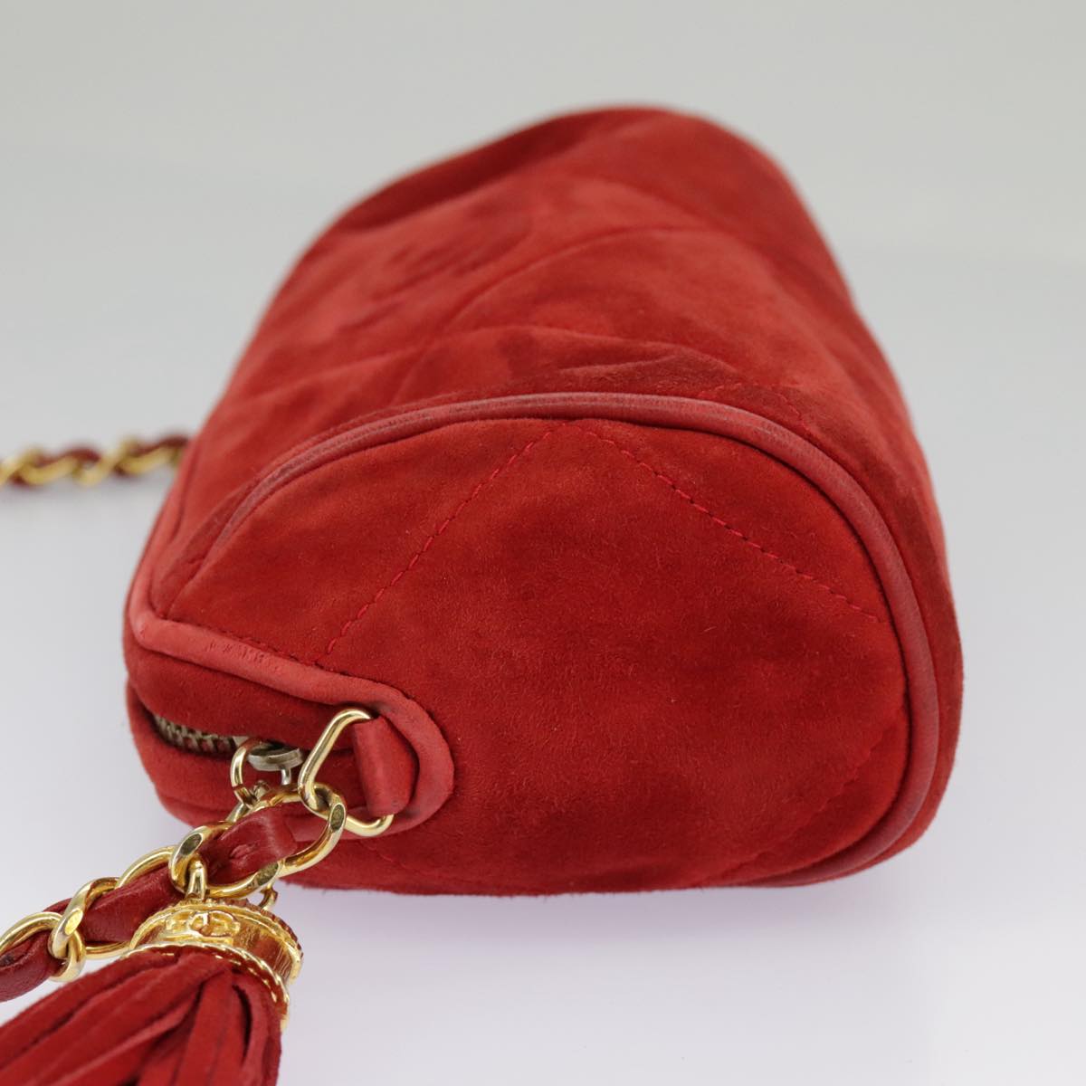 CHANEL Chain Shoulder Bag Suede Red Gold CC Auth 98607