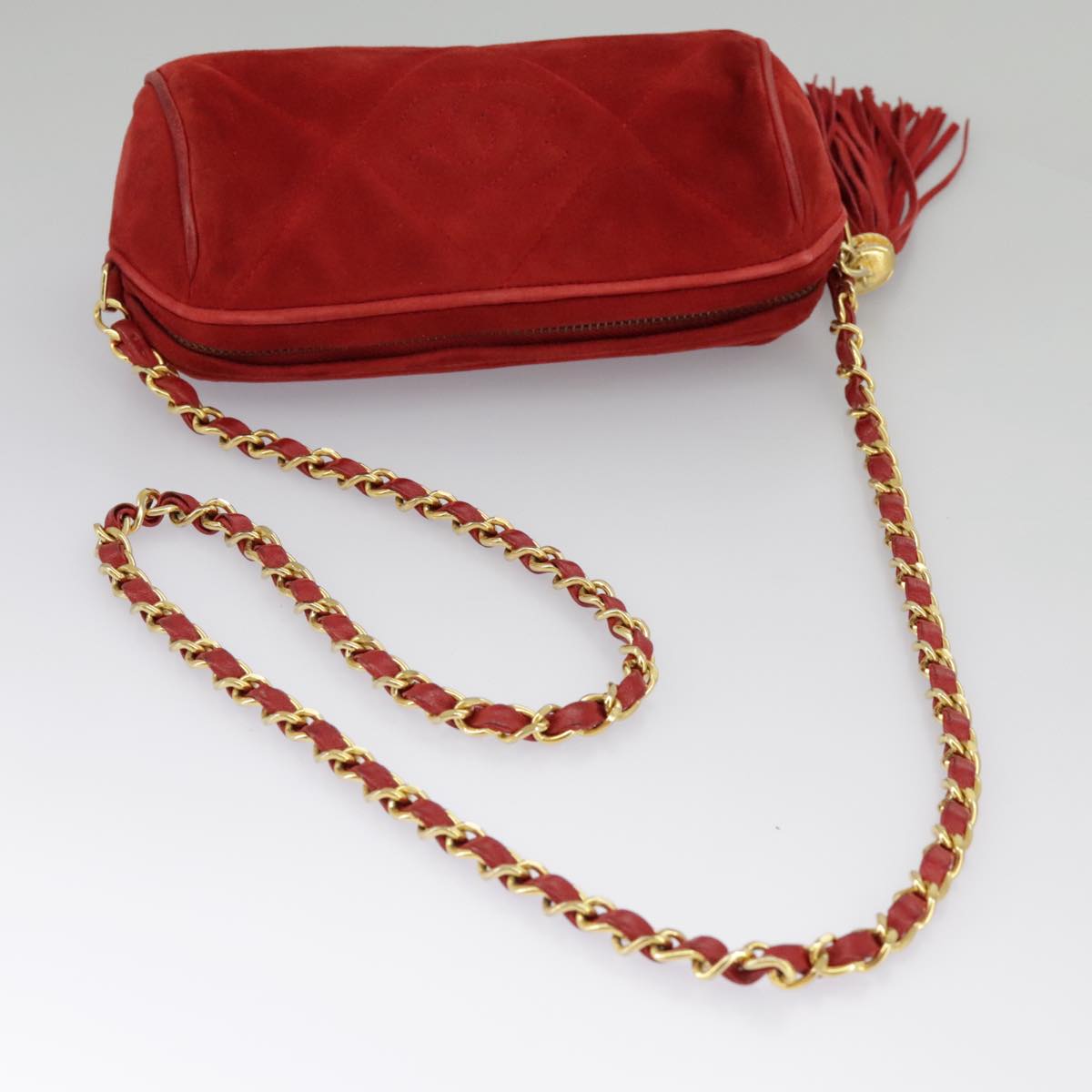 CHANEL Chain Shoulder Bag Suede Red Gold CC Auth 98607