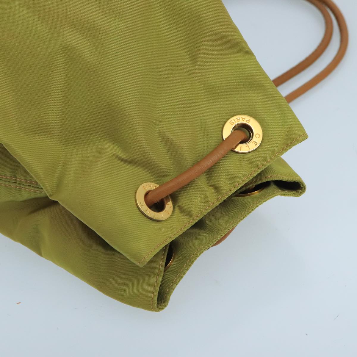 CELINE Shoulder Bag Nylon Khaki Gold Auth 98618