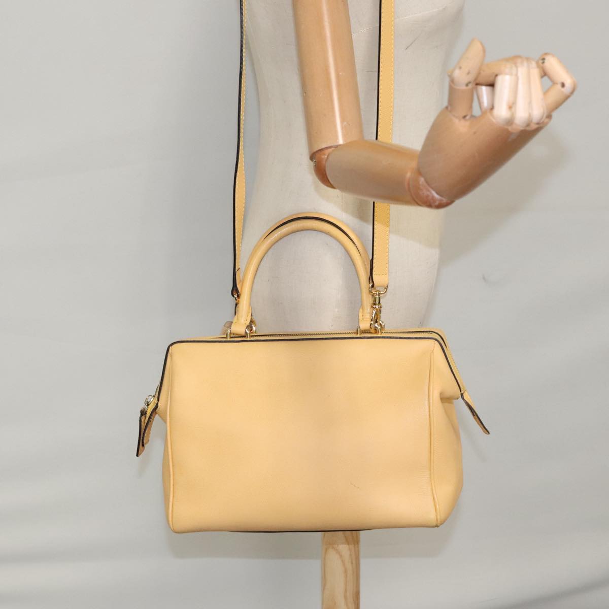 CELINE Boston Bag Leather 2way Yellow Auth 98621