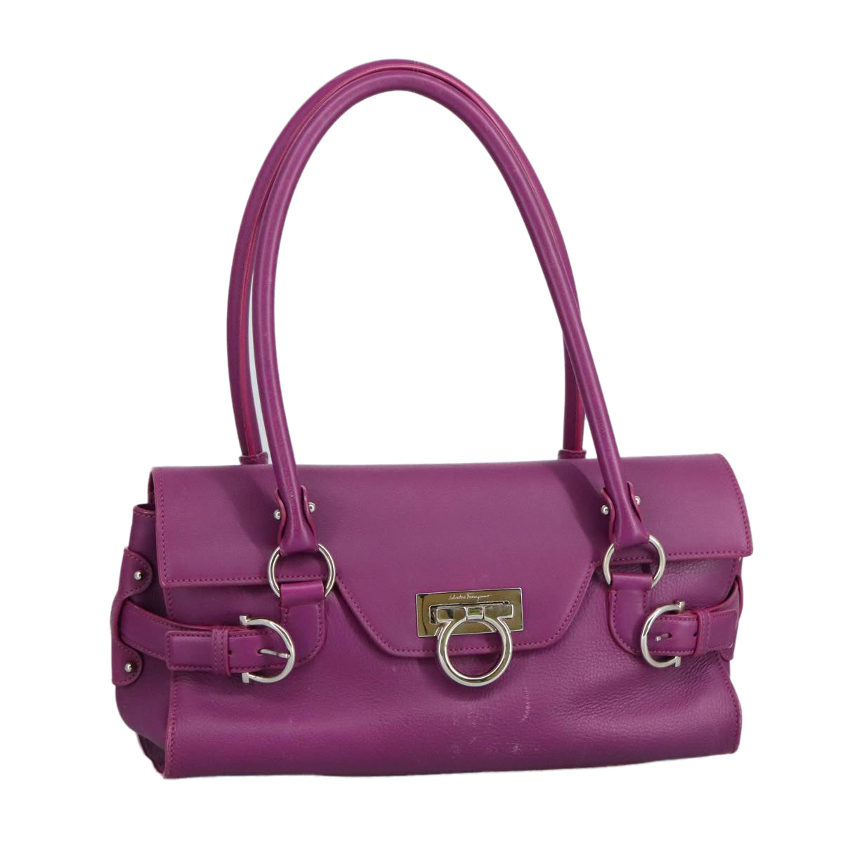 Salvatore Ferragamo Gancini Shoulder Bag Leather Purple Silver Auth 98651