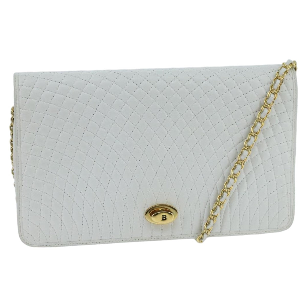 BALLY Chain Shoulder Bag Leather White Gold Auth 98661