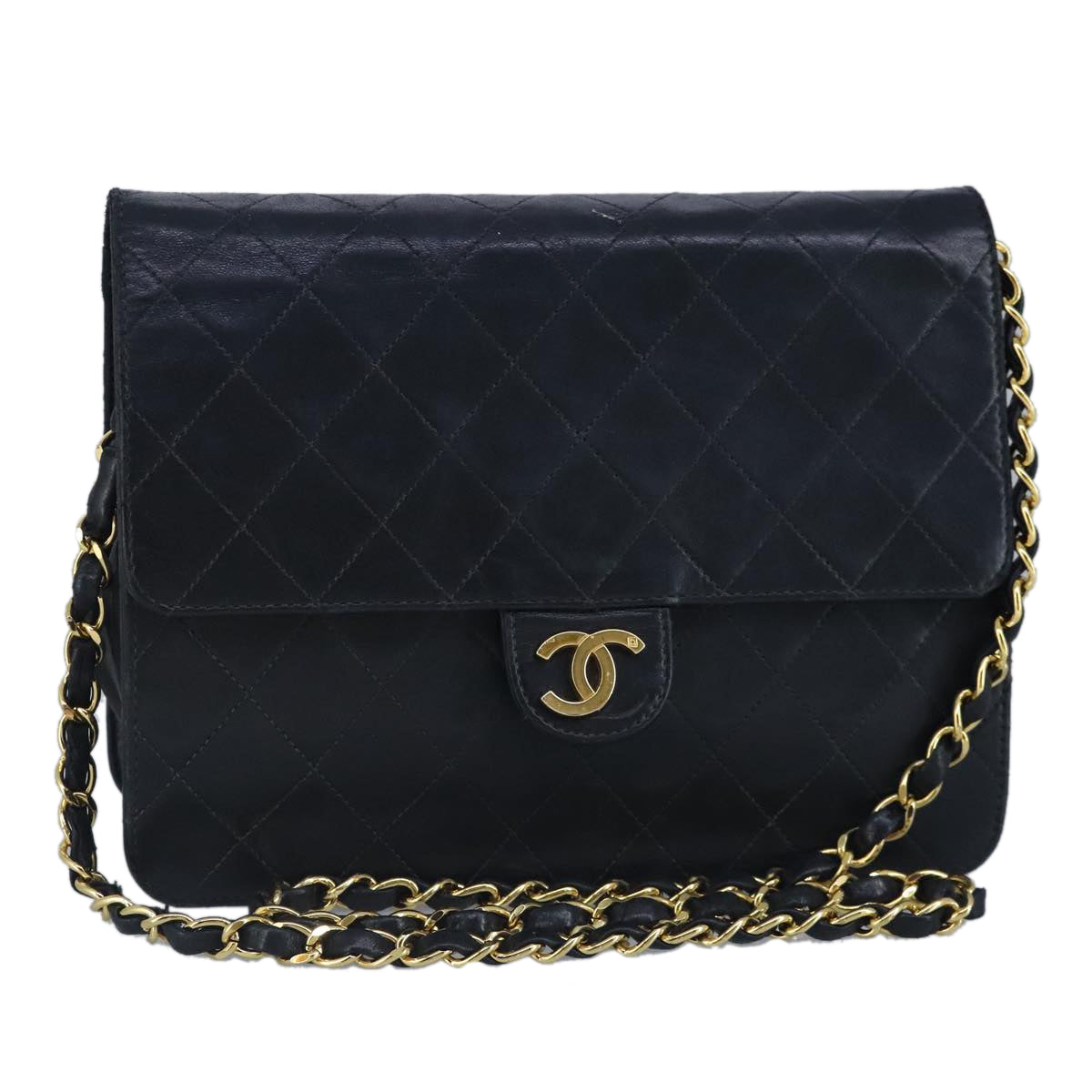 CHANEL Matelasse Chain Shoulder Bag Lamb Skin Black Gold CC Auth 98673