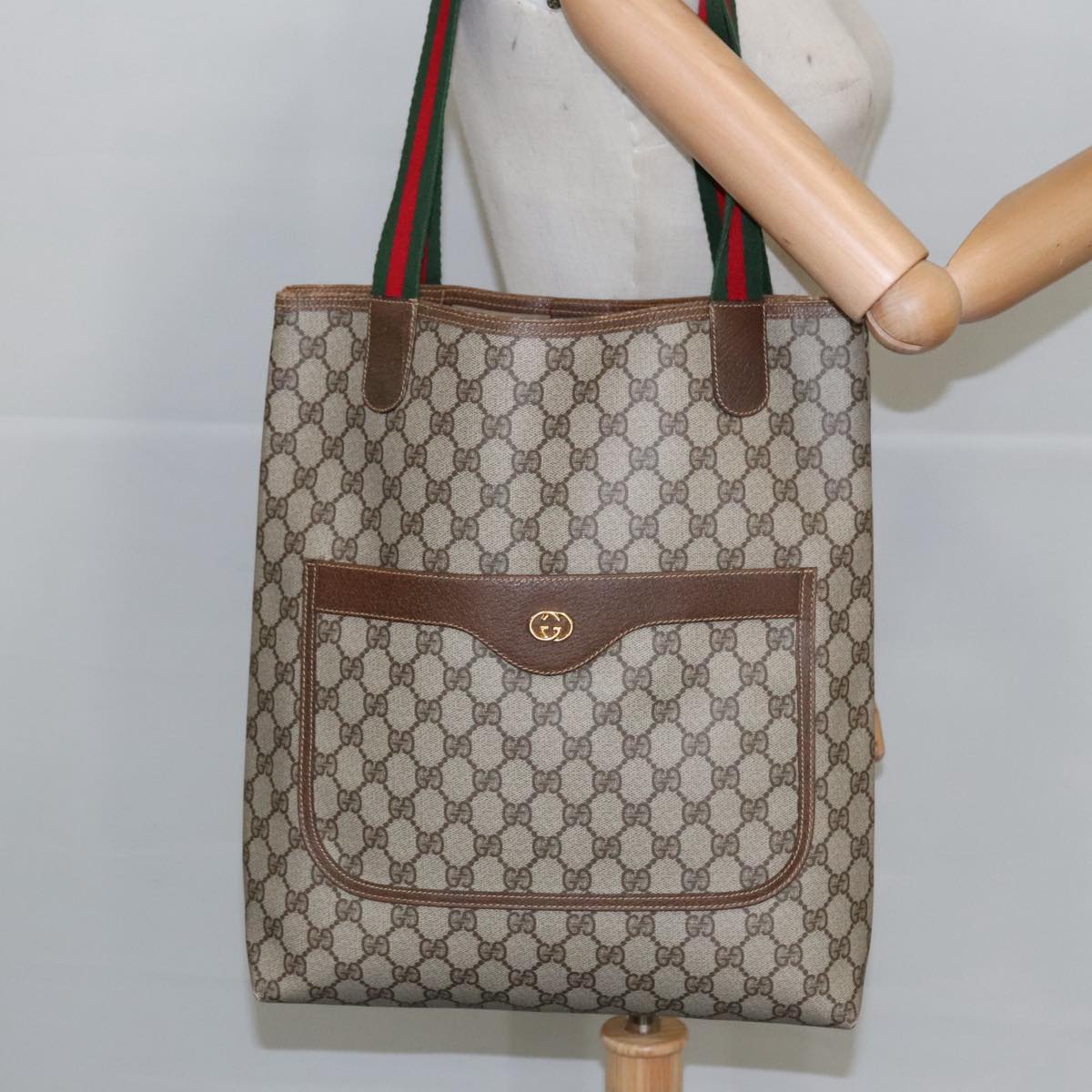 GUCCI GG Supreme Web Sherry Line Tote Bag PVC Beige Gold 002 123 6487 Auth 98704