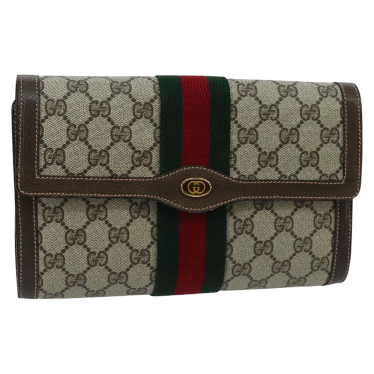 GUCCI GG Supreme Web Sherry Line Clutch Bag PVC Leather Beige Green Red 98712