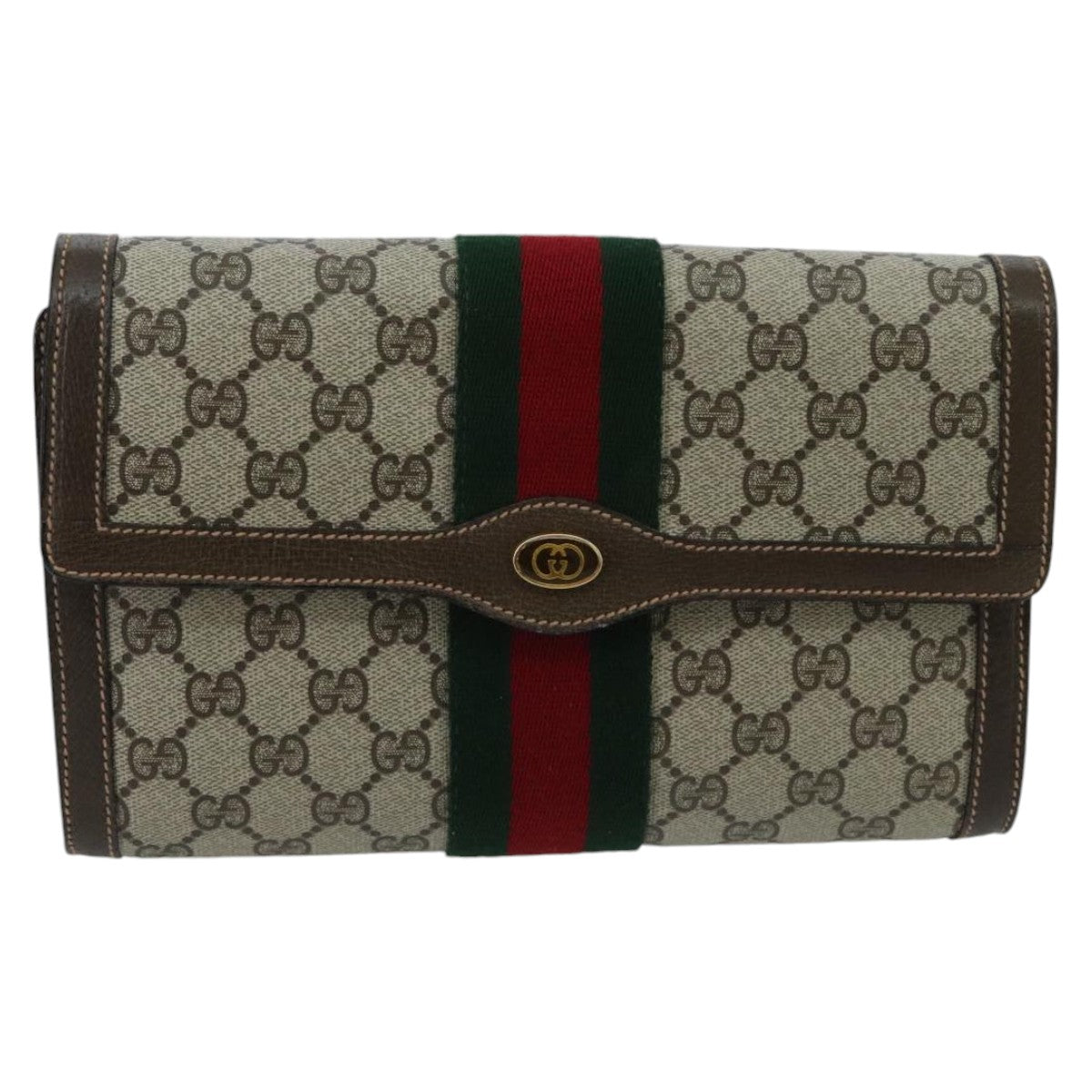 GUCCI GG Supreme Web Sherry Line Clutch Bag PVC Leather Beige Green Red 98712