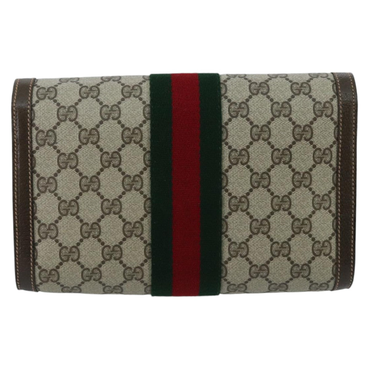 GUCCI GG Supreme Web Sherry Line Clutch Bag PVC Leather Beige Green Red 98712 - 0