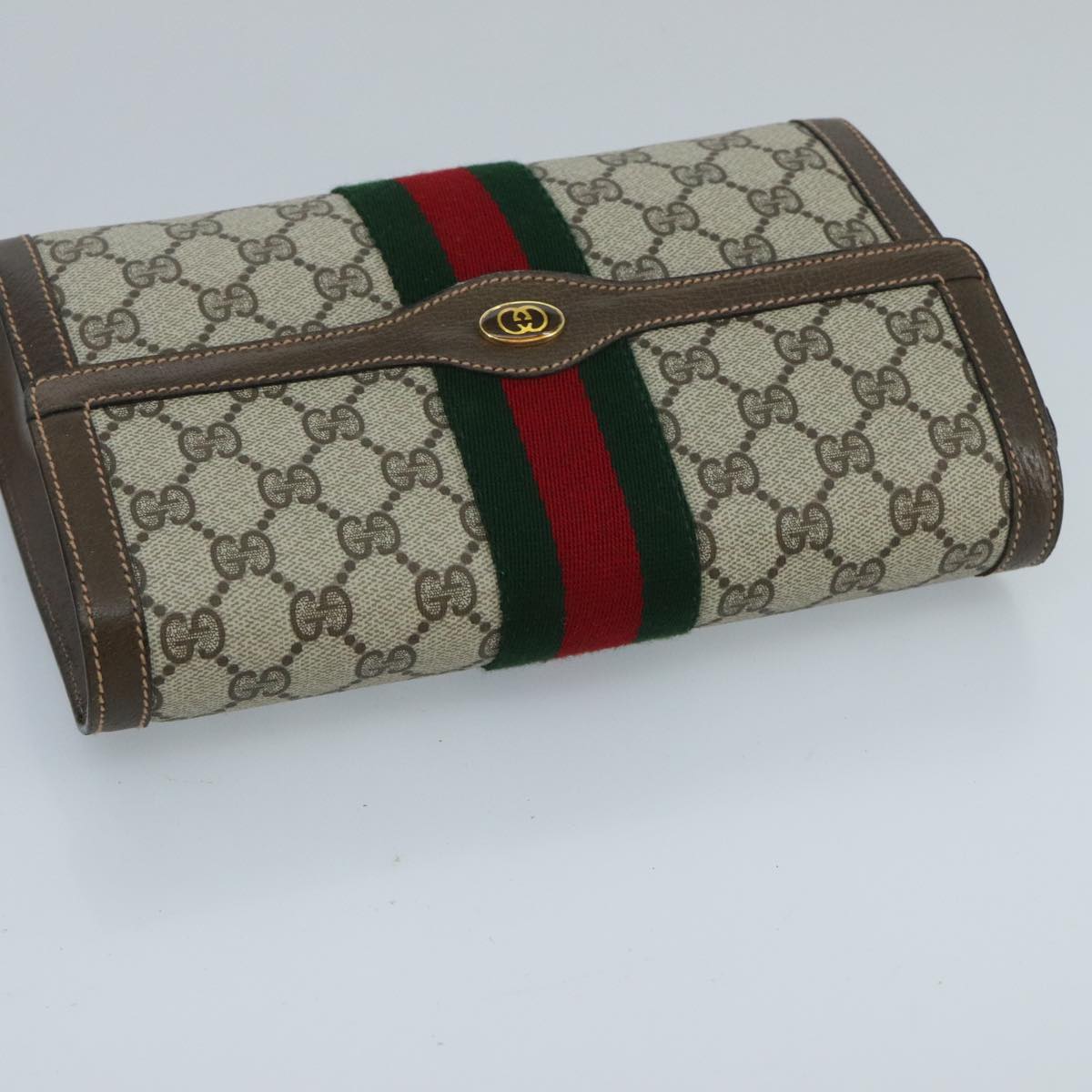 GUCCI GG Supreme Web Sherry Line Clutch Bag PVC Leather Beige Green Red 98712