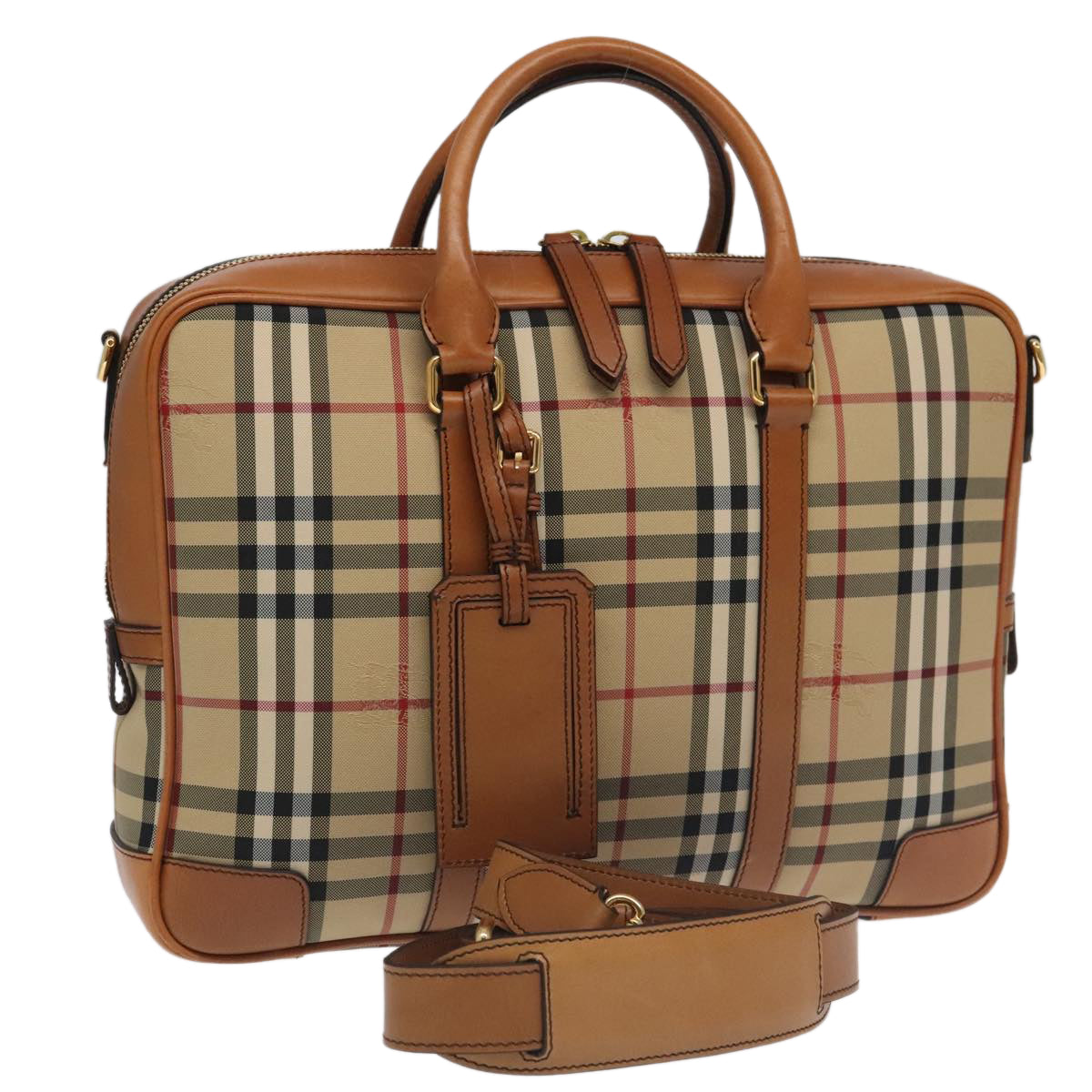 BURBERRY Nova Check Business Bag Nylon 2way Beige Gold Auth 98716