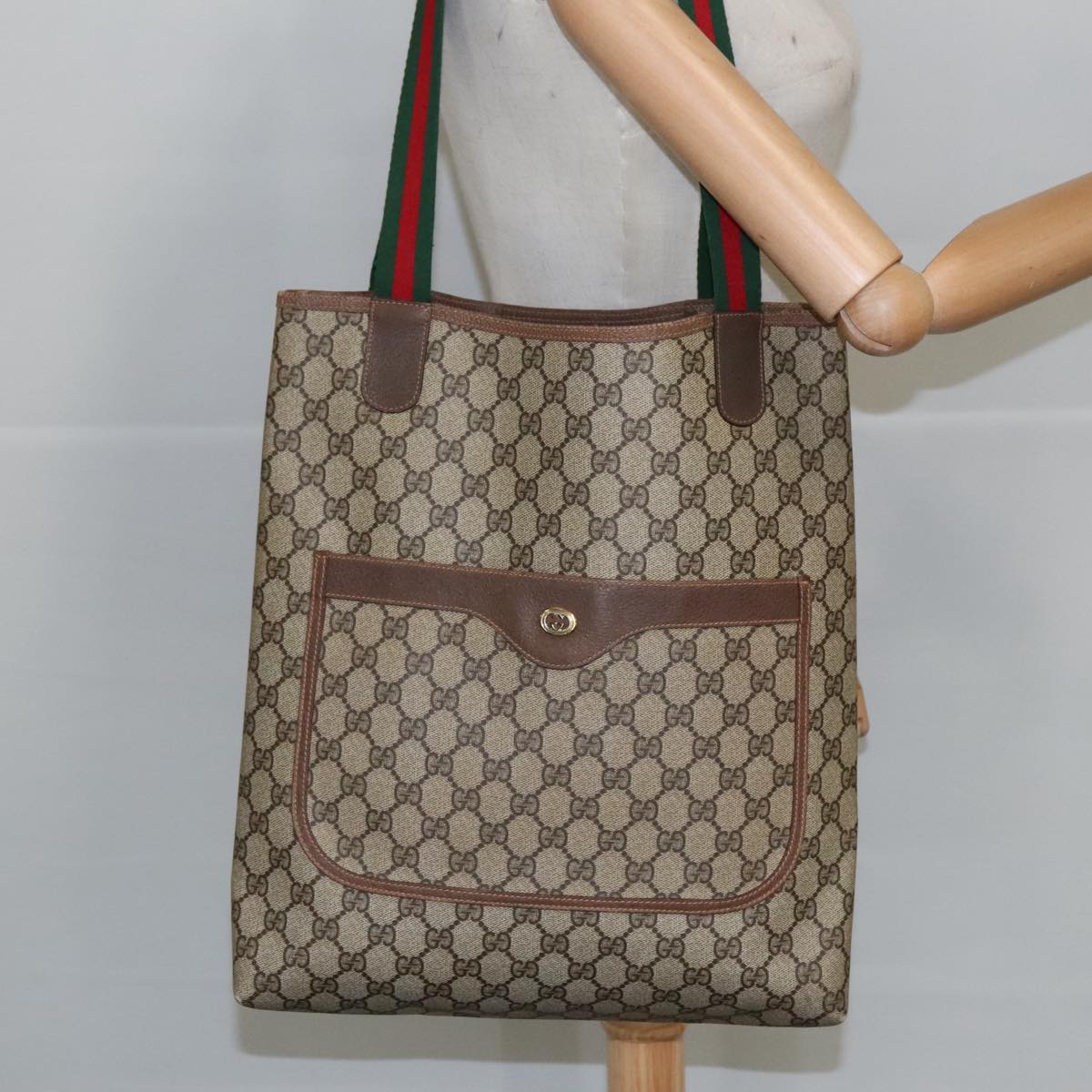 GUCCI GG Supreme Web Sherry Line Tote Bag PVC Beige Gold 89 02 003 Auth 98727