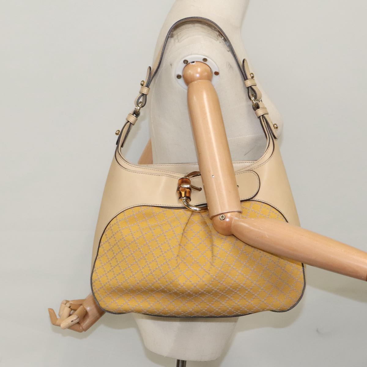 GUCCI Diamante Shoulder Bag Canvas Beige Gold Auth 98742