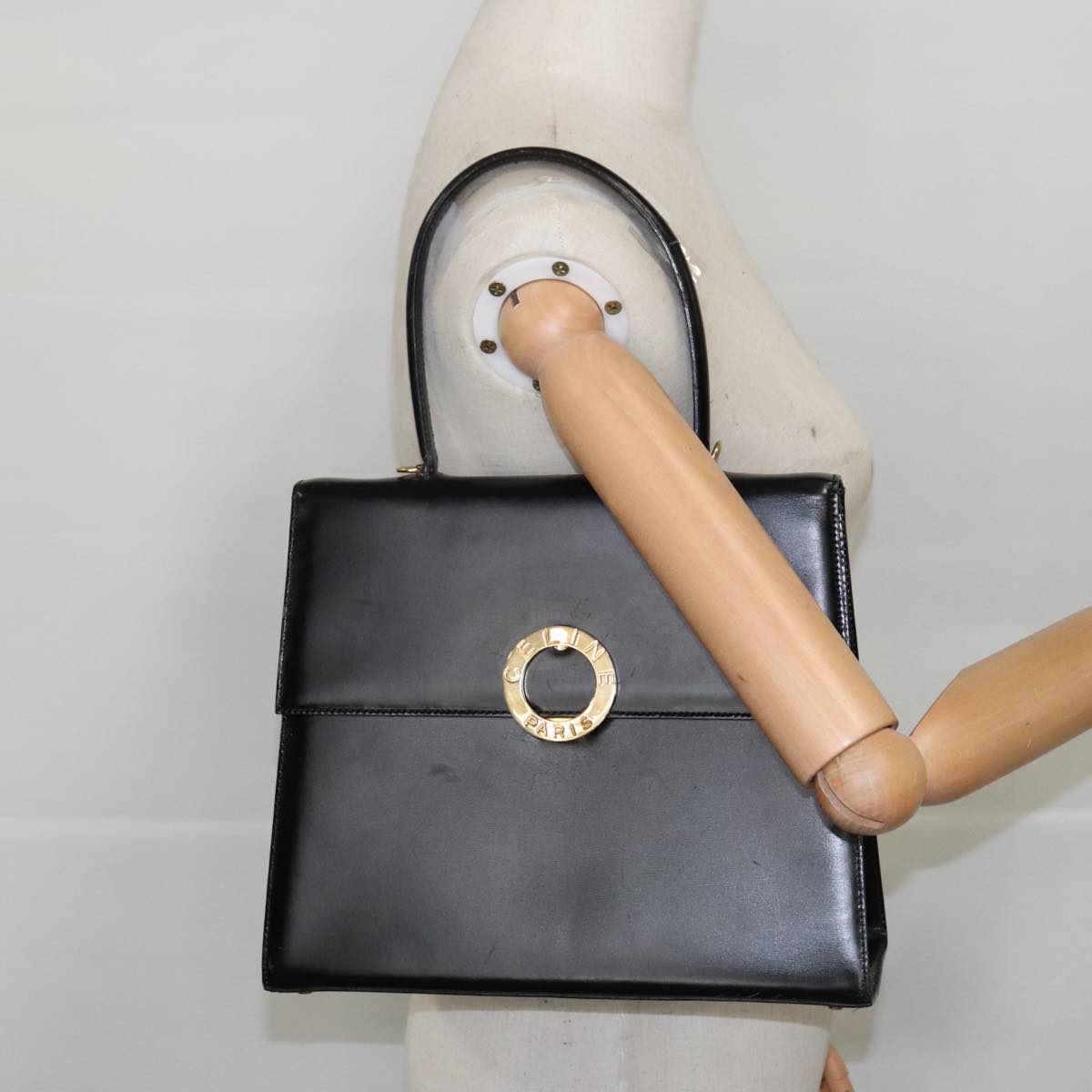 CELINE Hand Bag Leather Black Gold Auth 98746