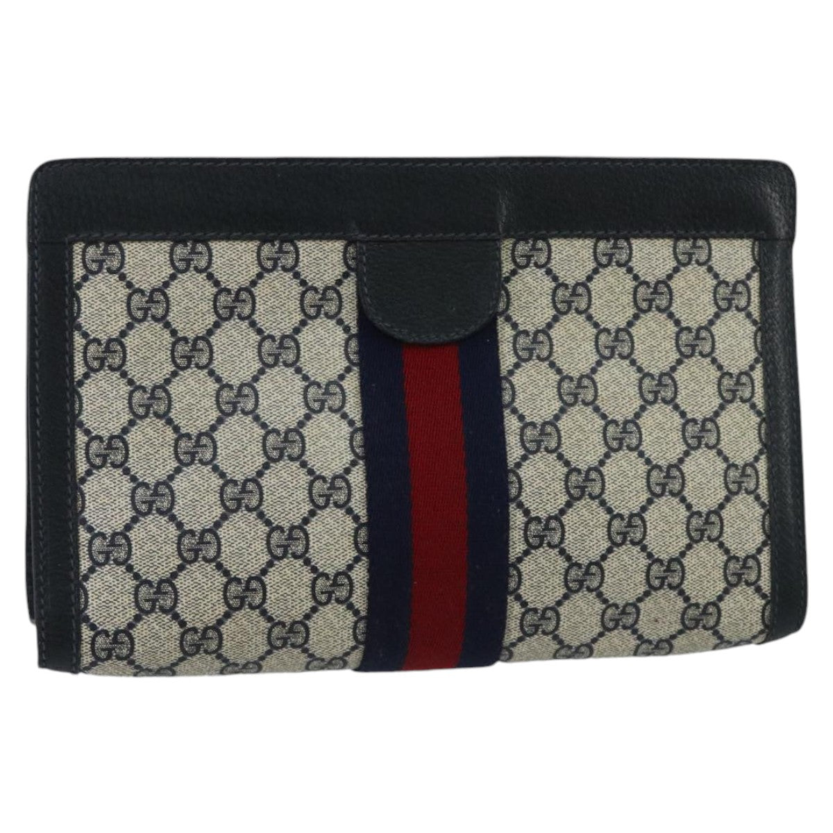 GUCCI GG Supreme Sherry Line Clutch Bag PVC Leather Navy Red Auth 98747