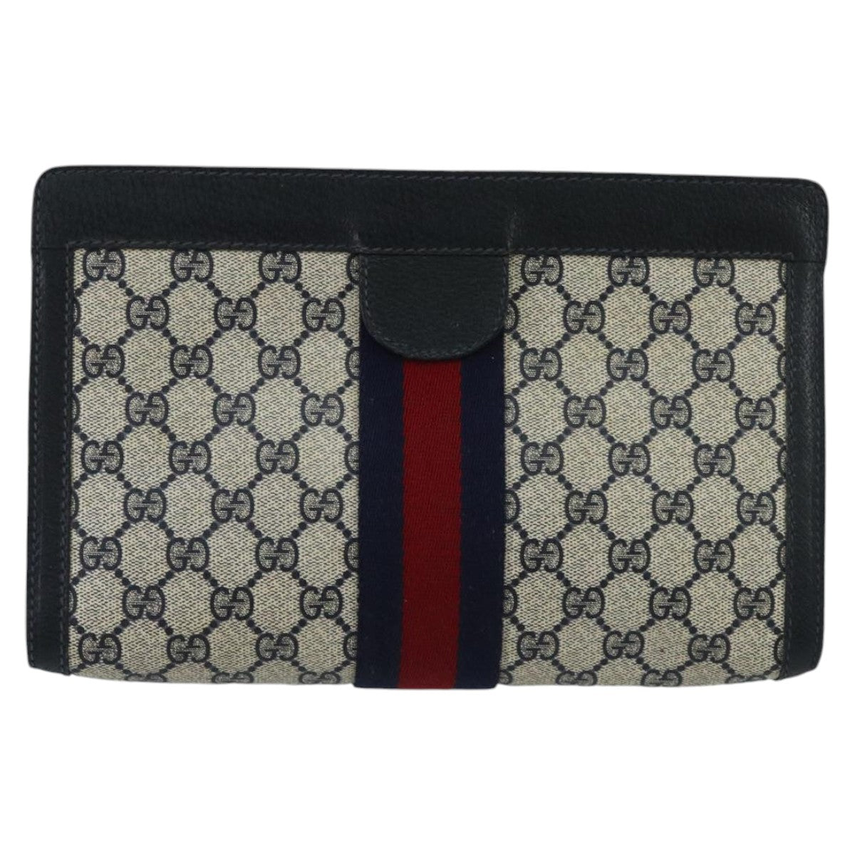 GUCCI GG Supreme Sherry Line Clutch Bag PVC Leather Navy Red Auth 98747 - 0