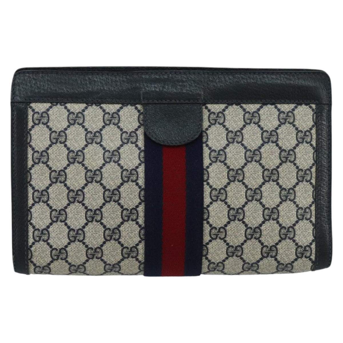 GUCCI GG Supreme Sherry Line Clutch Bag PVC Leather Navy Red Auth 98747